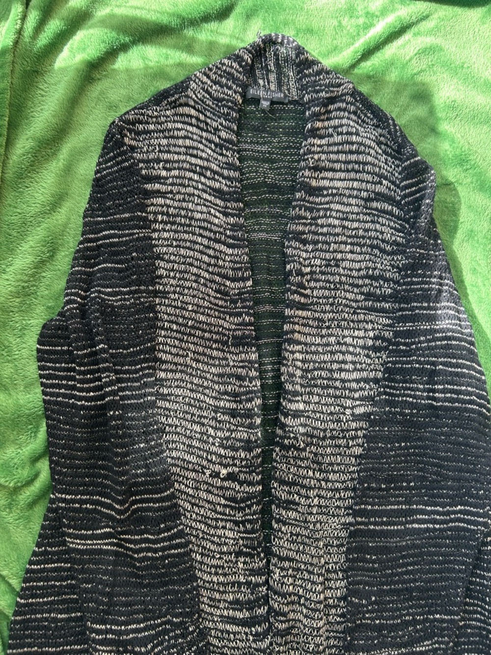 Eileen Fisher Black & White Marled Loose Weave Open-Front Cardigan